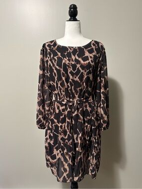 Me & Gee Long Sleeve Pleated Animal Print Black Brown Dress